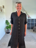 Black Linen Pocket Shirt Dress