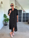 Black Linen Pocket Shirt Dress