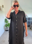 Black Linen Pocket Shirt Dress
