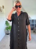 Black Linen Pocket Shirt Dress
