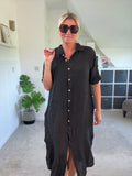 Black Linen Pocket Shirt Dress