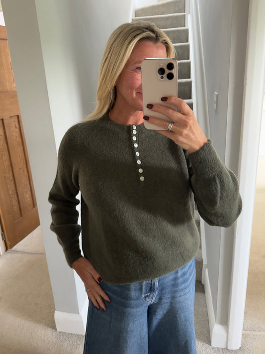 Khaki Alpaca Mix Button Jumper