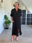 Black Linen Pocket Shirt Dress