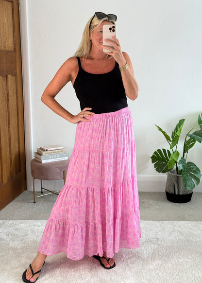 Neon Pink/Orange Leopard Tiered Cotton Skirt