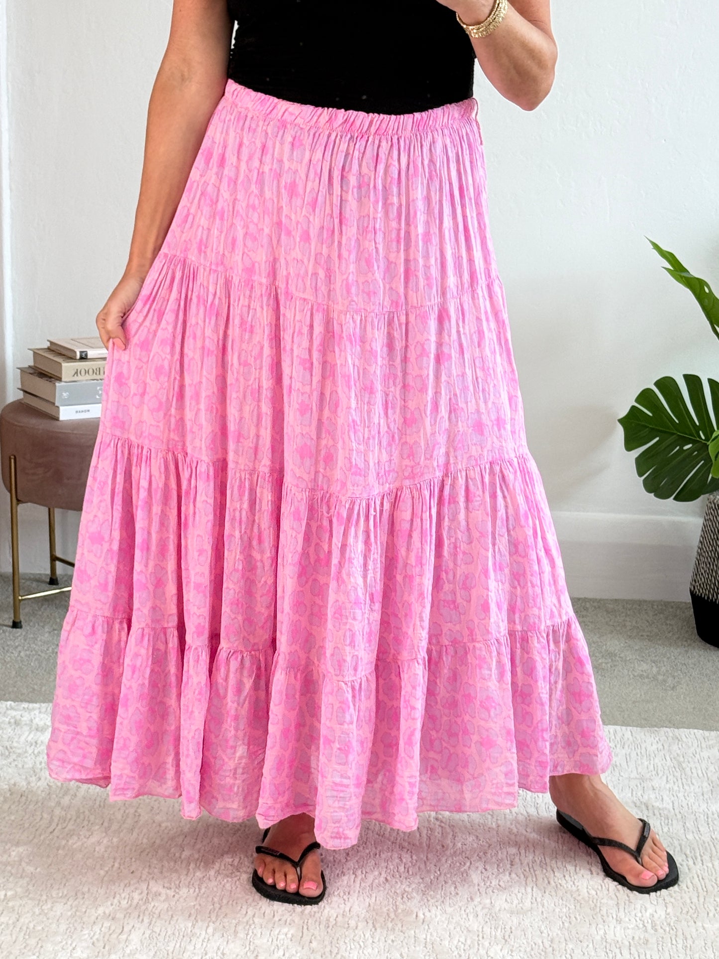 Neon Pink/Orange Leopard Tiered Cotton Skirt