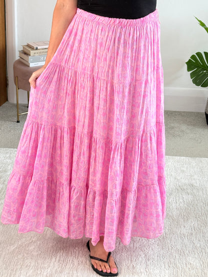 Neon Pink/Orange Leopard Tiered Cotton Skirt