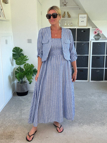Blue Stripe Linen Look Dress & Jacket