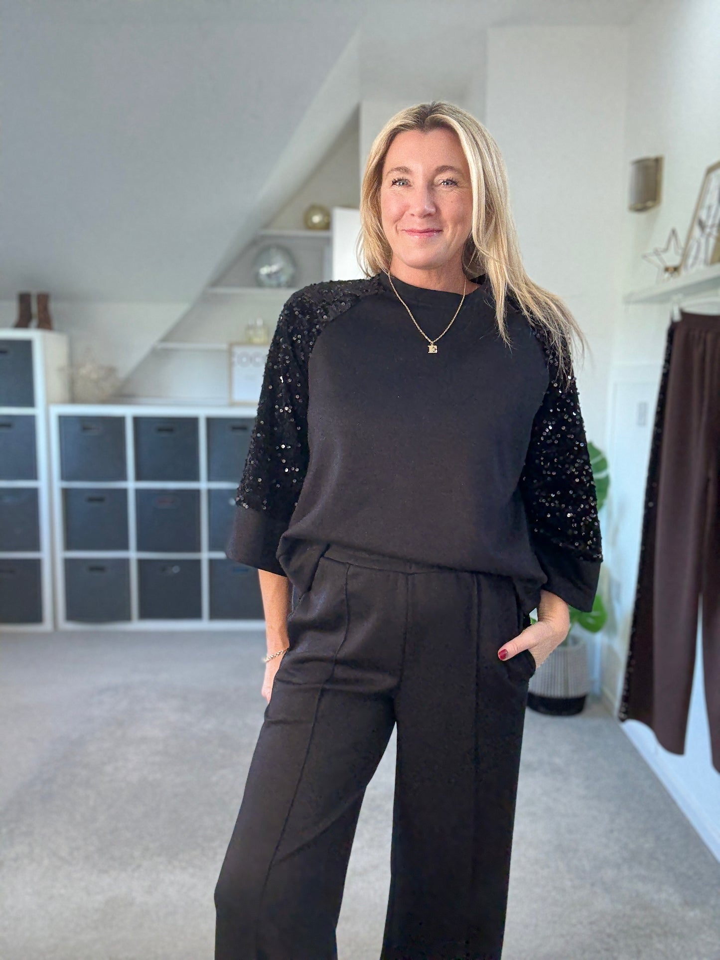 Black Sequin Sleeve Soft Top