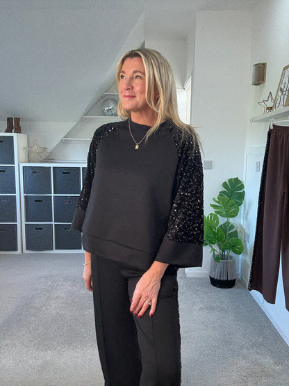 Black Sequin Sleeve Soft Top