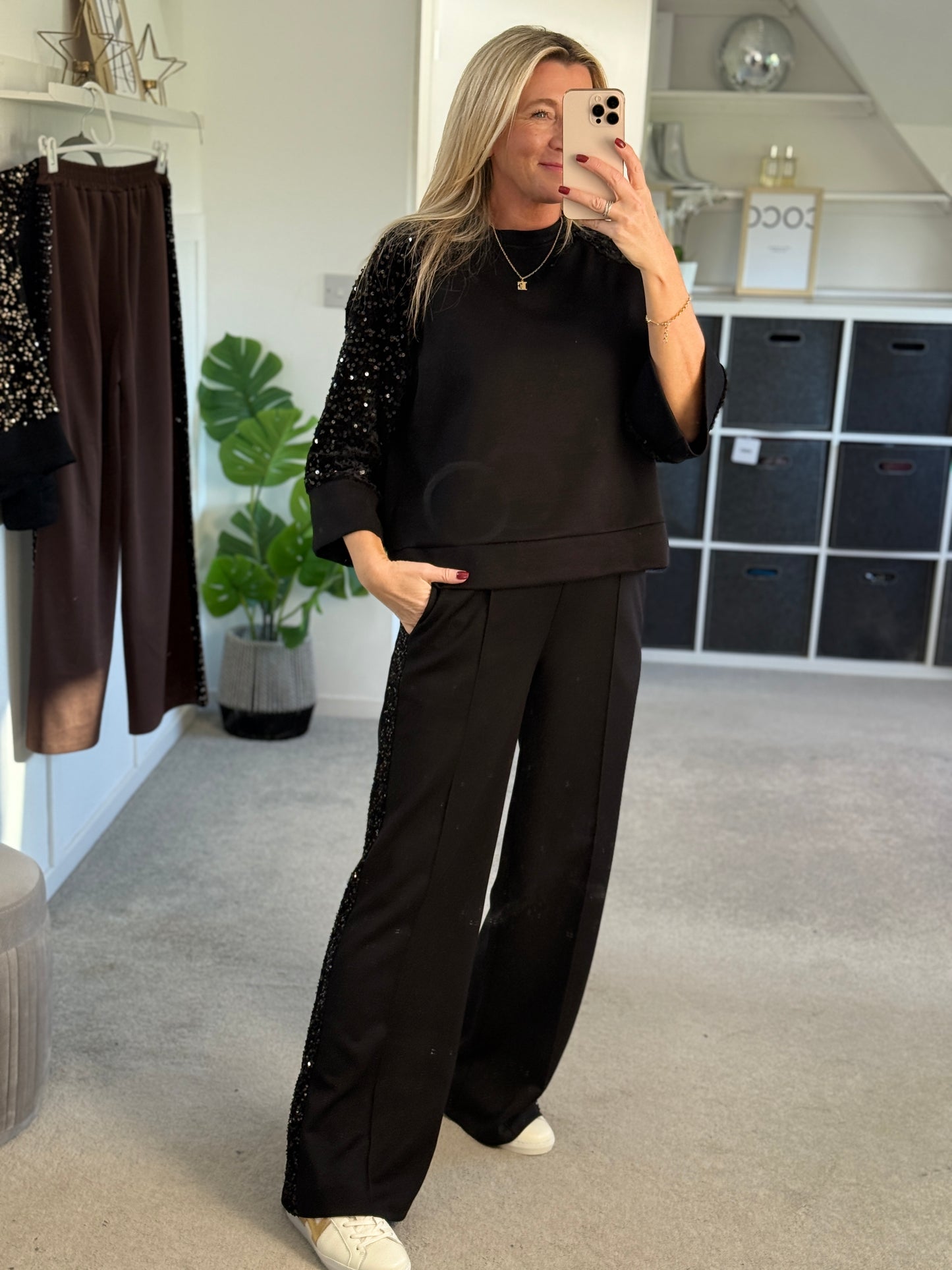 Black Sequin Sleeve Soft Top