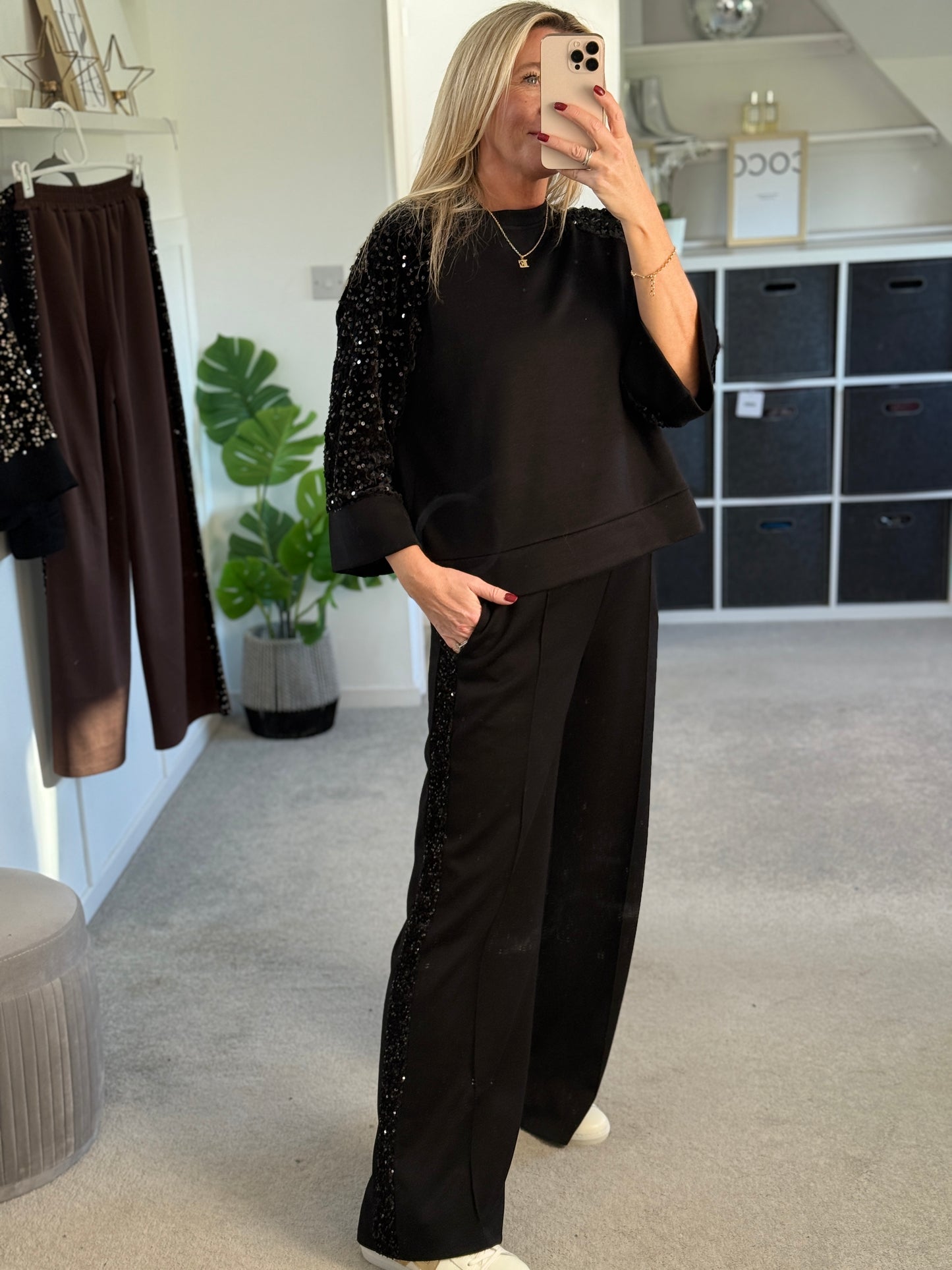 Black Sequin Sleeve Soft Top