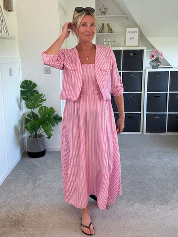 Pink Stripe Linen Look Dress & Jacket