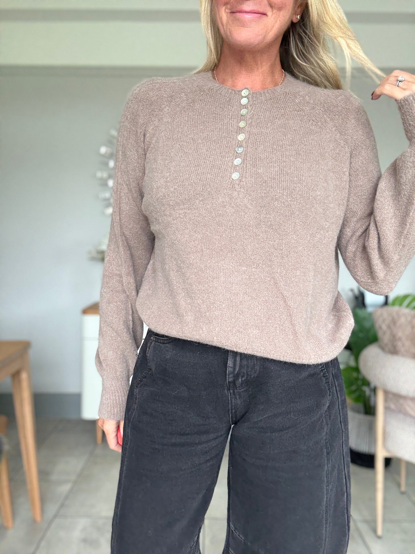 Khaki Alpaca Mix Button Jumper