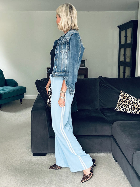 Powder Blue/White Double Stripe Wide Leg Trousers