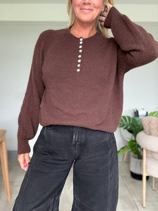 Chocolate Alpaca Mix Button Jumper