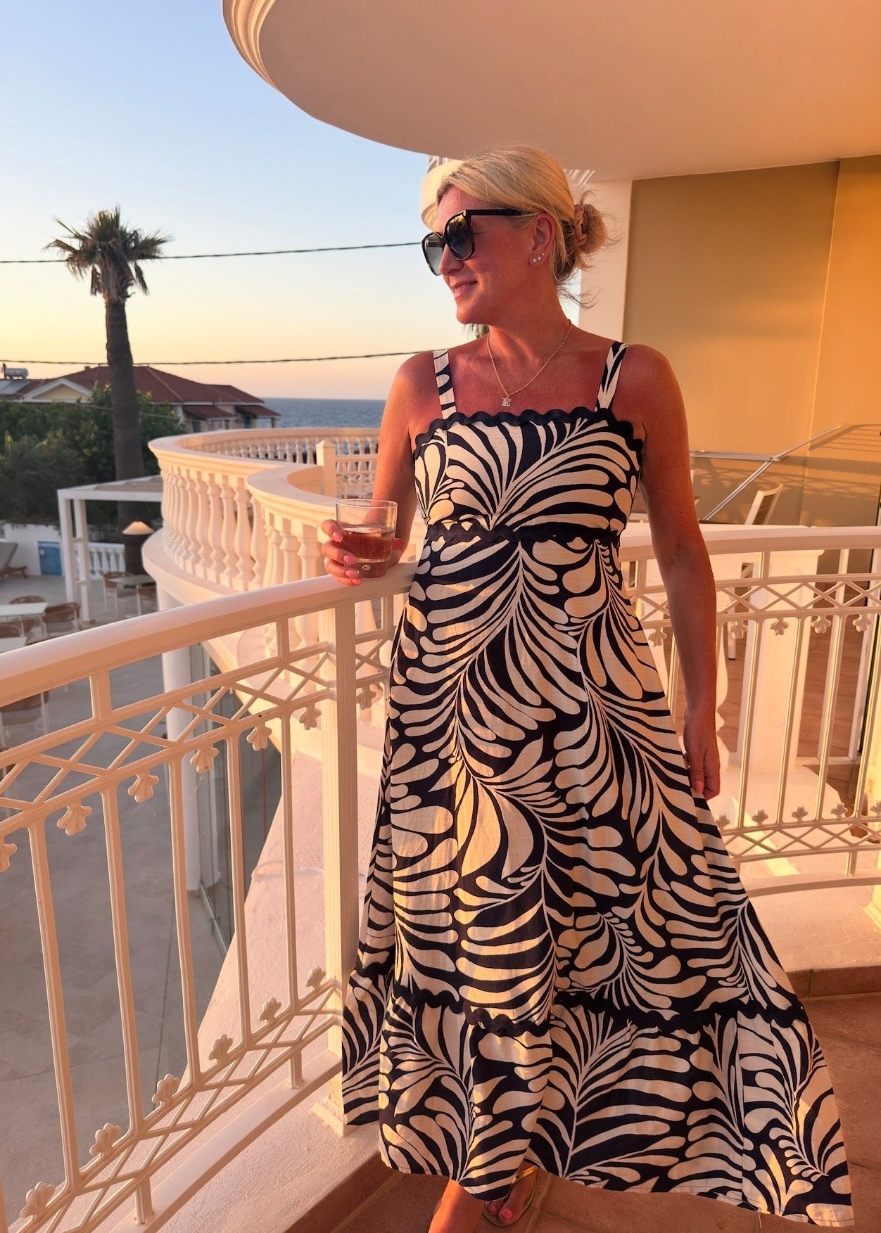 Navy Printed Scallop Detail Dress