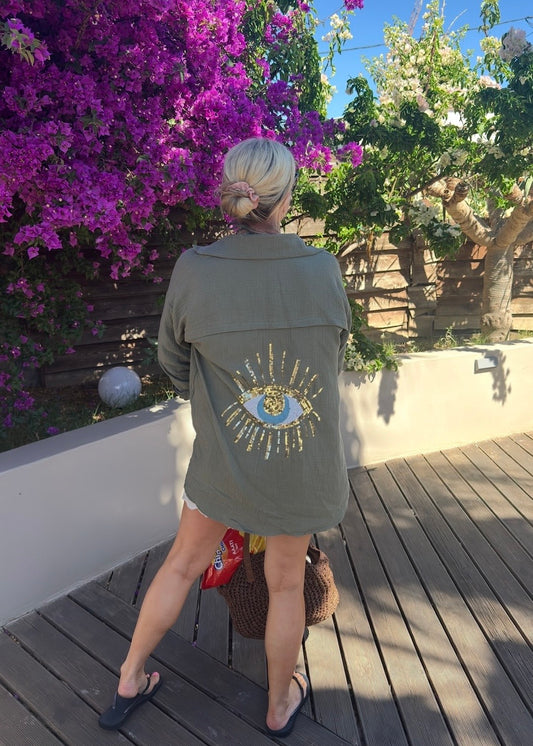 Khaki Sequin Eye Cheesecloth Shirt