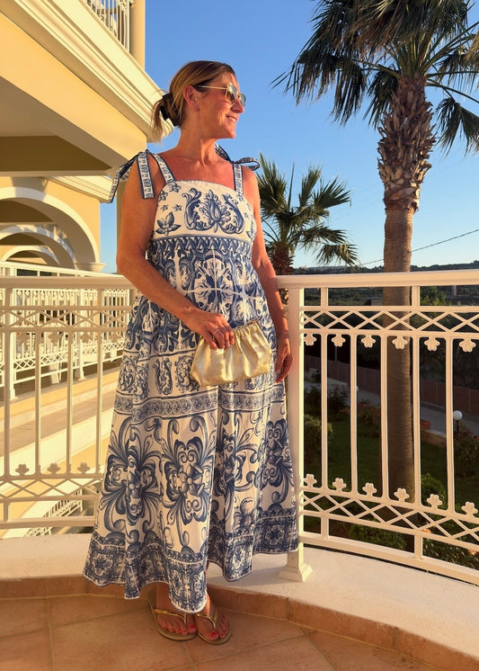 Blue Baroque Tie Strap Dress