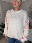 Grey/Pink Contrast Stitch Cosy Jumper