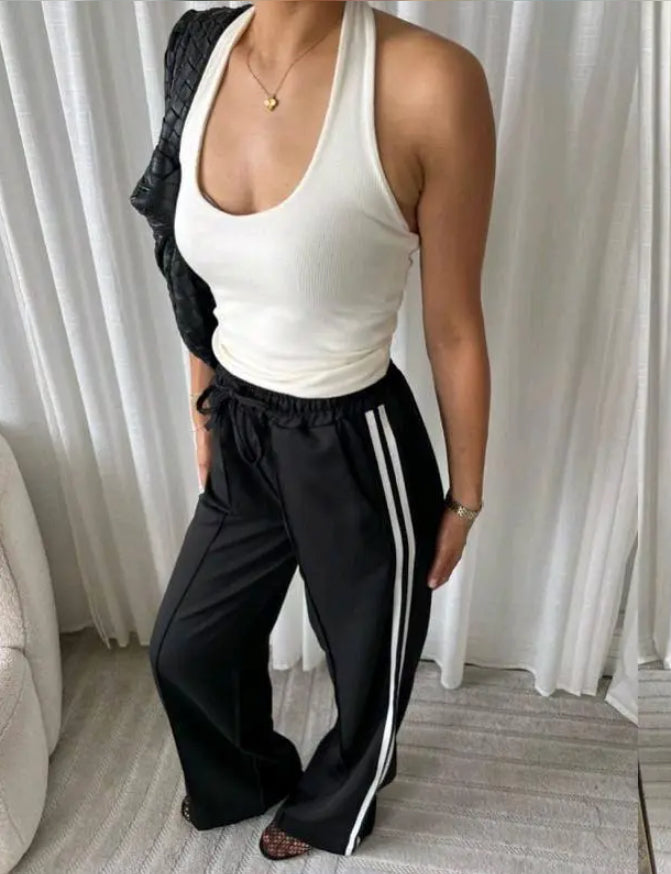 Black Twill Double Stripe Wide Leg Trousers