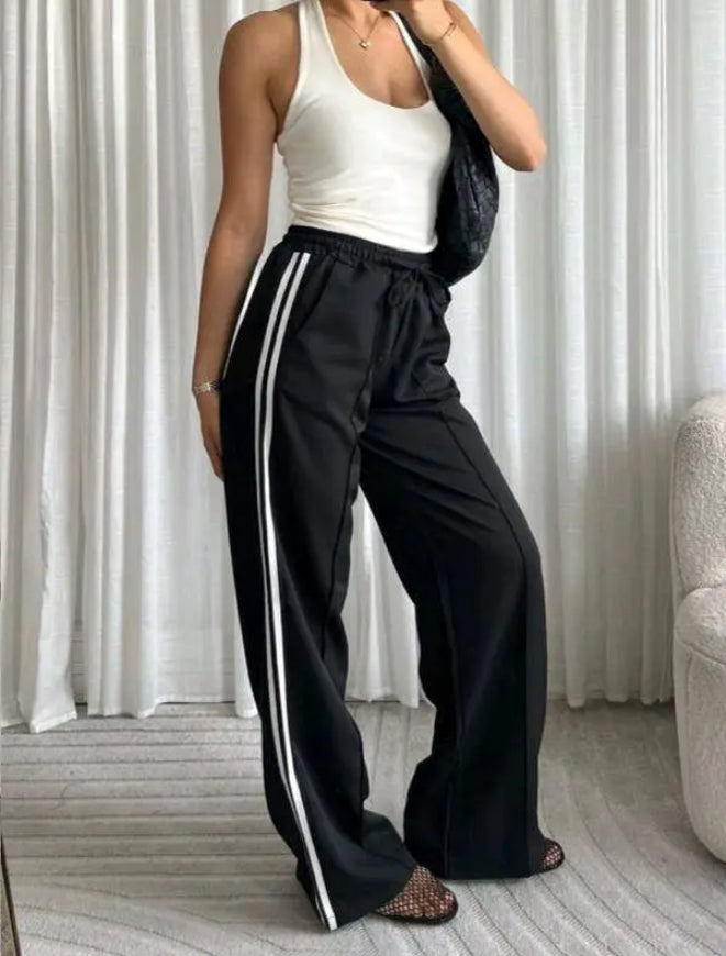 Black Twill Double Stripe Wide Leg Trousers