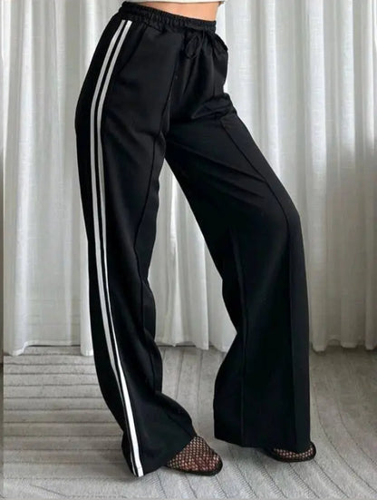 Black Twill Double Stripe Wide Leg Trousers