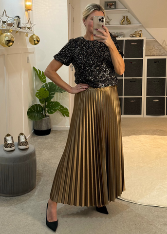 Gold Satin Pleated Skirt