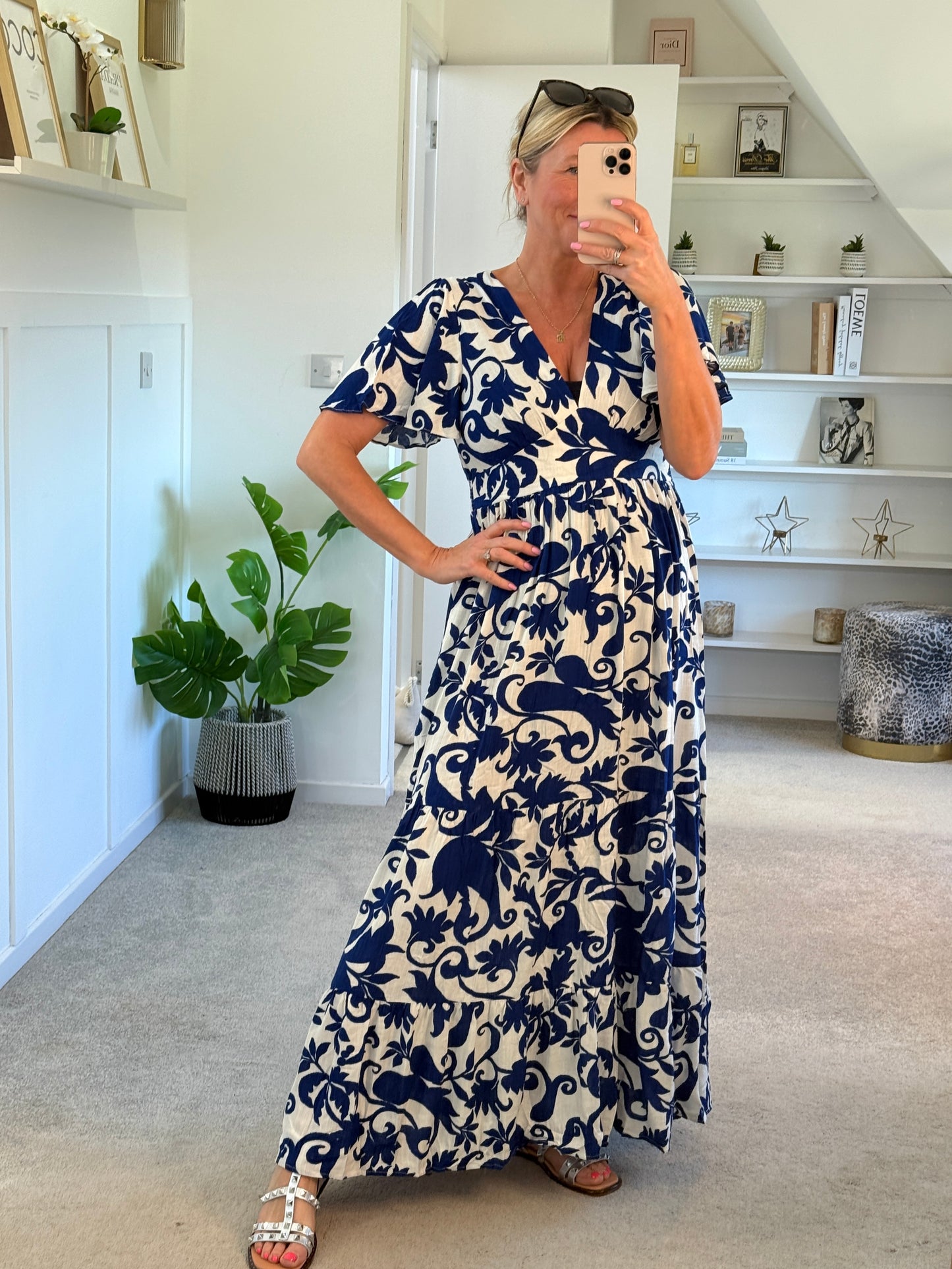Navy Botanical Floral Print Maxi Dress
