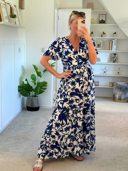 Navy Botanical Floral Print Maxi Dress