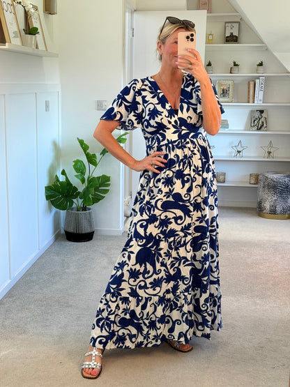 Navy Botanical Floral Print Maxi Dress