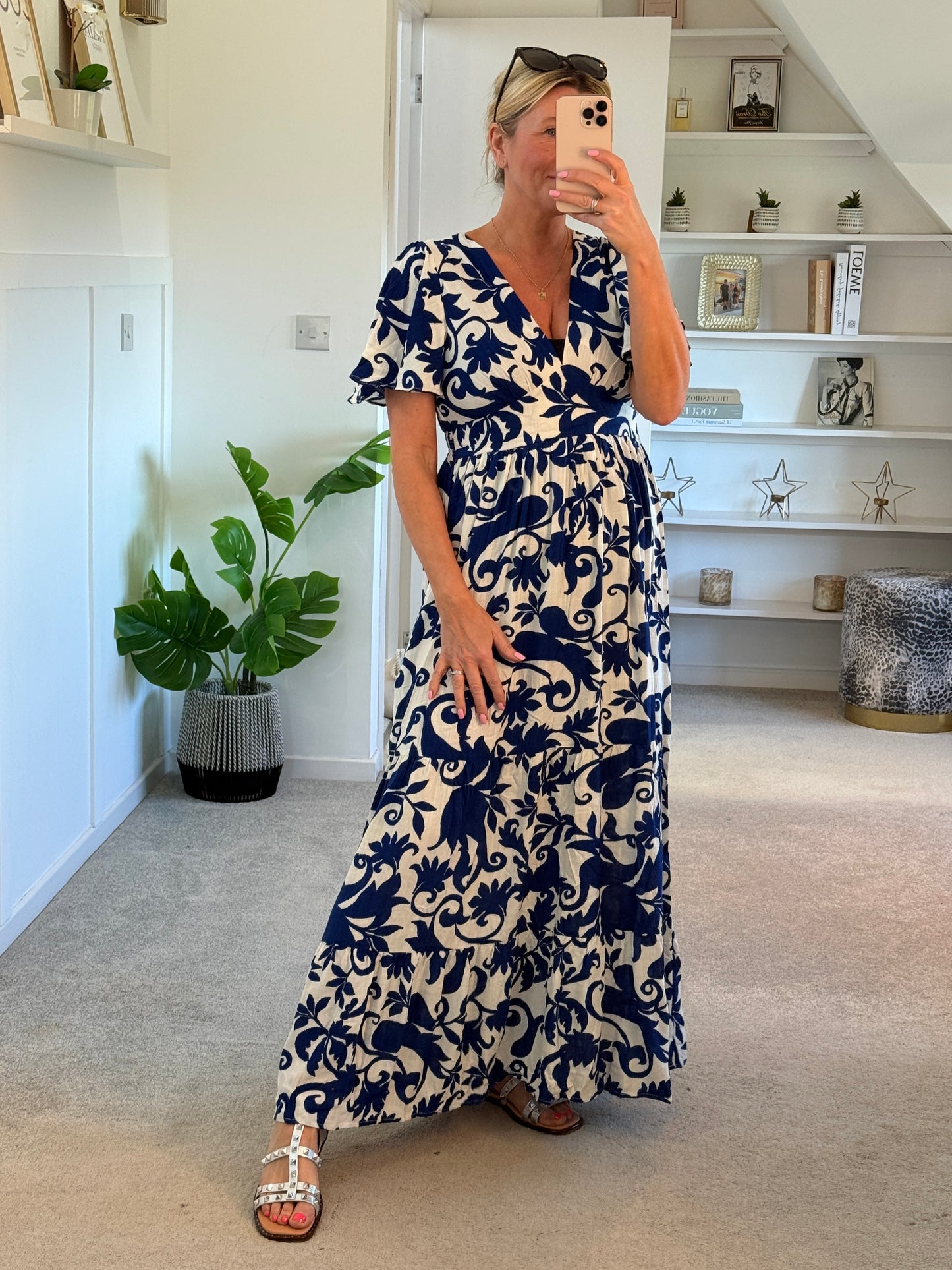 Navy Botanical Floral Print Maxi Dress