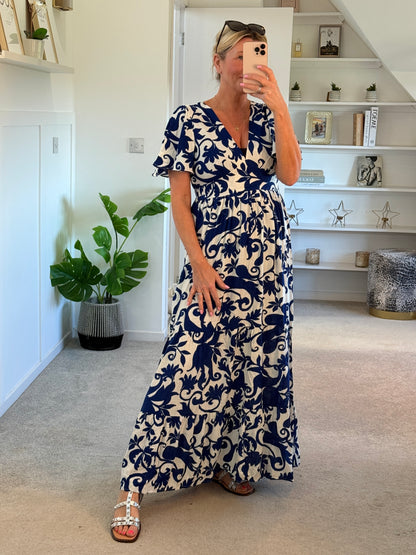 Navy Botanical Floral Print Maxi Dress
