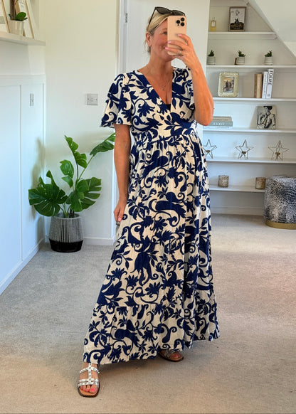 Navy Botanical Floral Print Maxi Dress