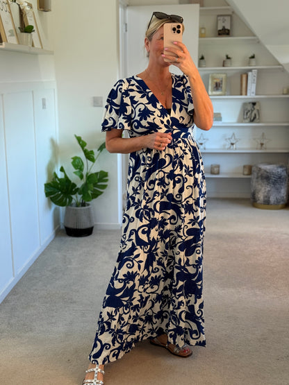 Navy Botanical Floral Print Maxi Dress