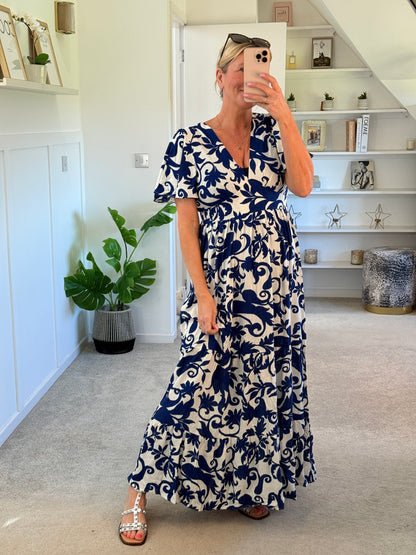 Navy Botanical Floral Print Maxi Dress