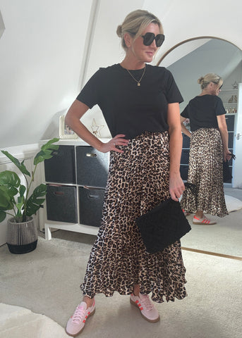 Leopard Satin Pleated Skirt