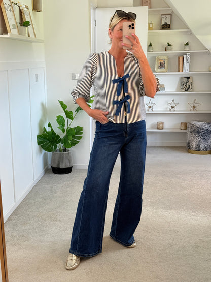 Navy Stripe Tie Front Puff Sleeve Blouse