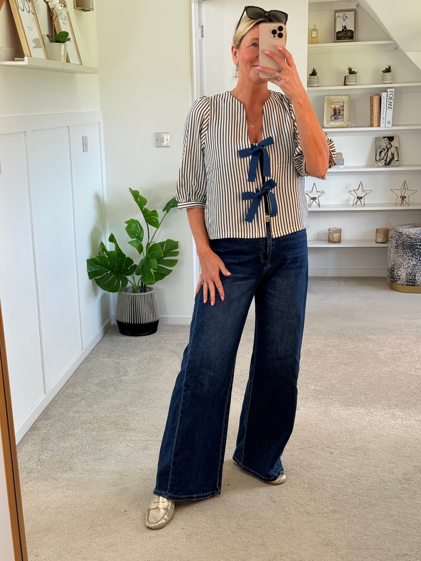 Navy Stripe Tie Front Puff Sleeve Blouse