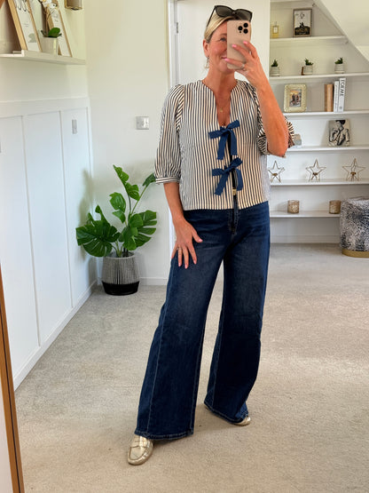 Navy Stripe Tie Front Puff Sleeve Blouse