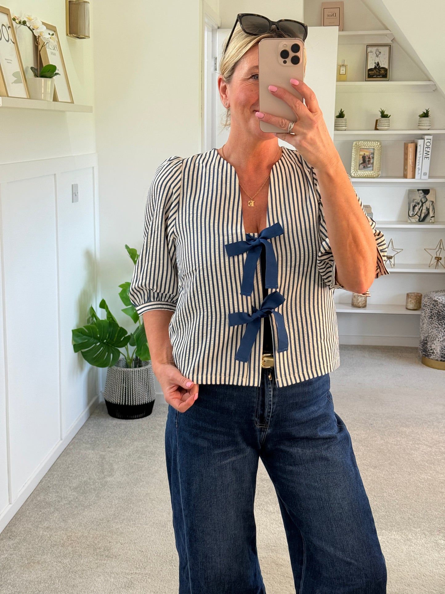 Navy Stripe Tie Front Puff Sleeve Blouse