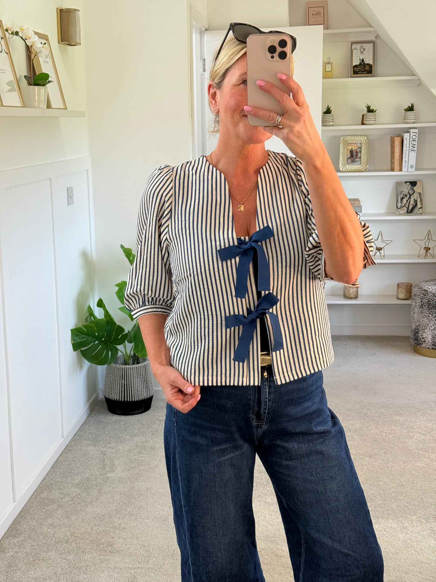 Navy Stripe Tie Front Puff Sleeve Blouse