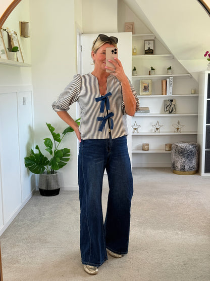 Navy Stripe Tie Front Puff Sleeve Blouse