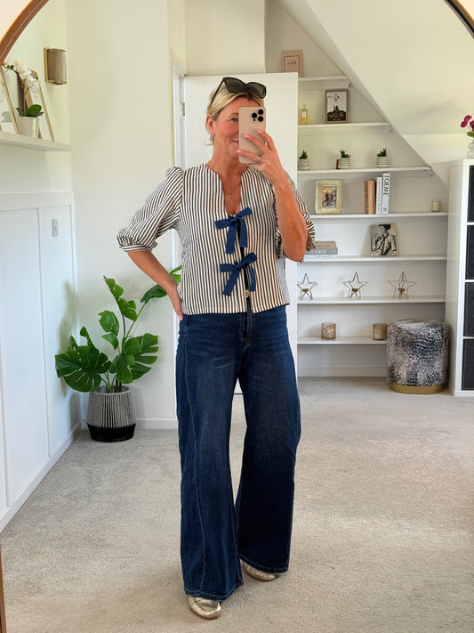 Navy Stripe Tie Front Puff Sleeve Blouse