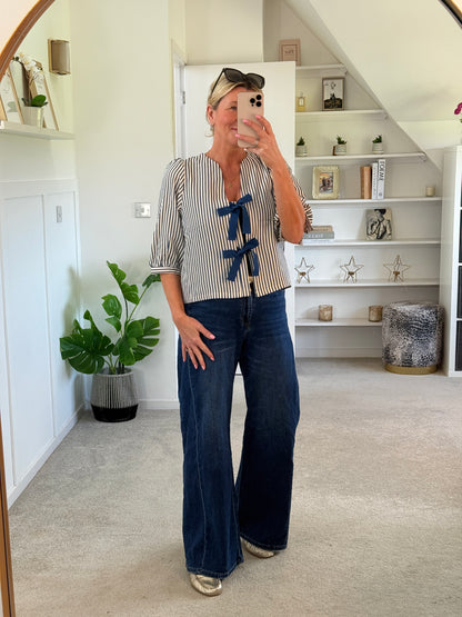 Navy Stripe Tie Front Puff Sleeve Blouse