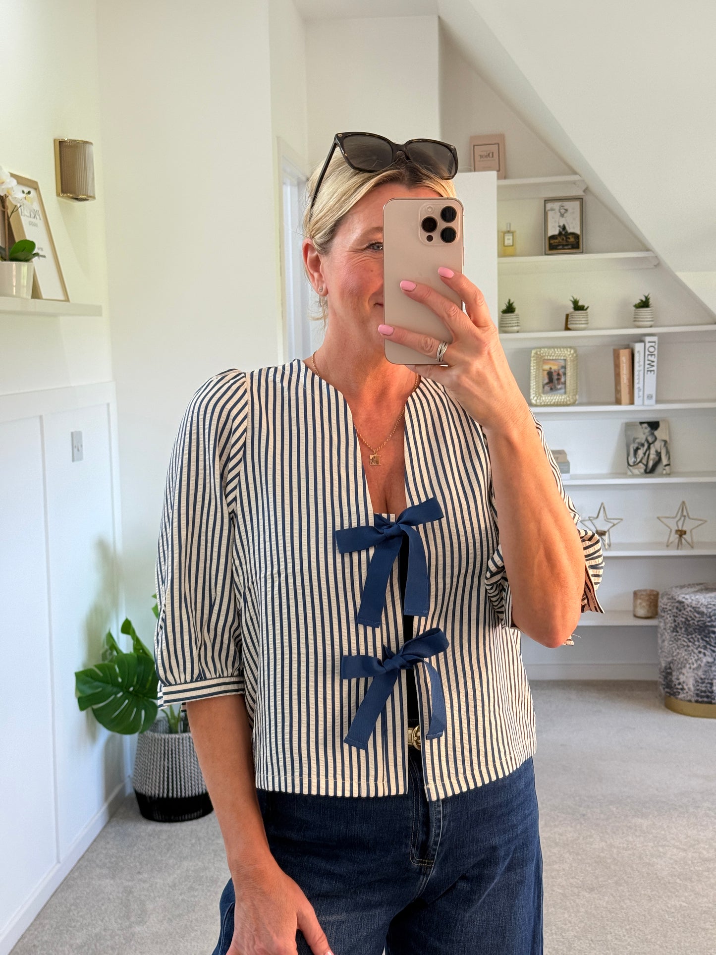 Navy Stripe Tie Front Puff Sleeve Blouse