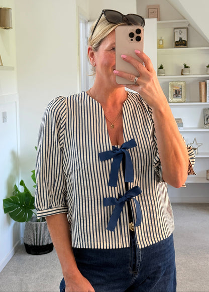 Navy Stripe Tie Front Puff Sleeve Blouse