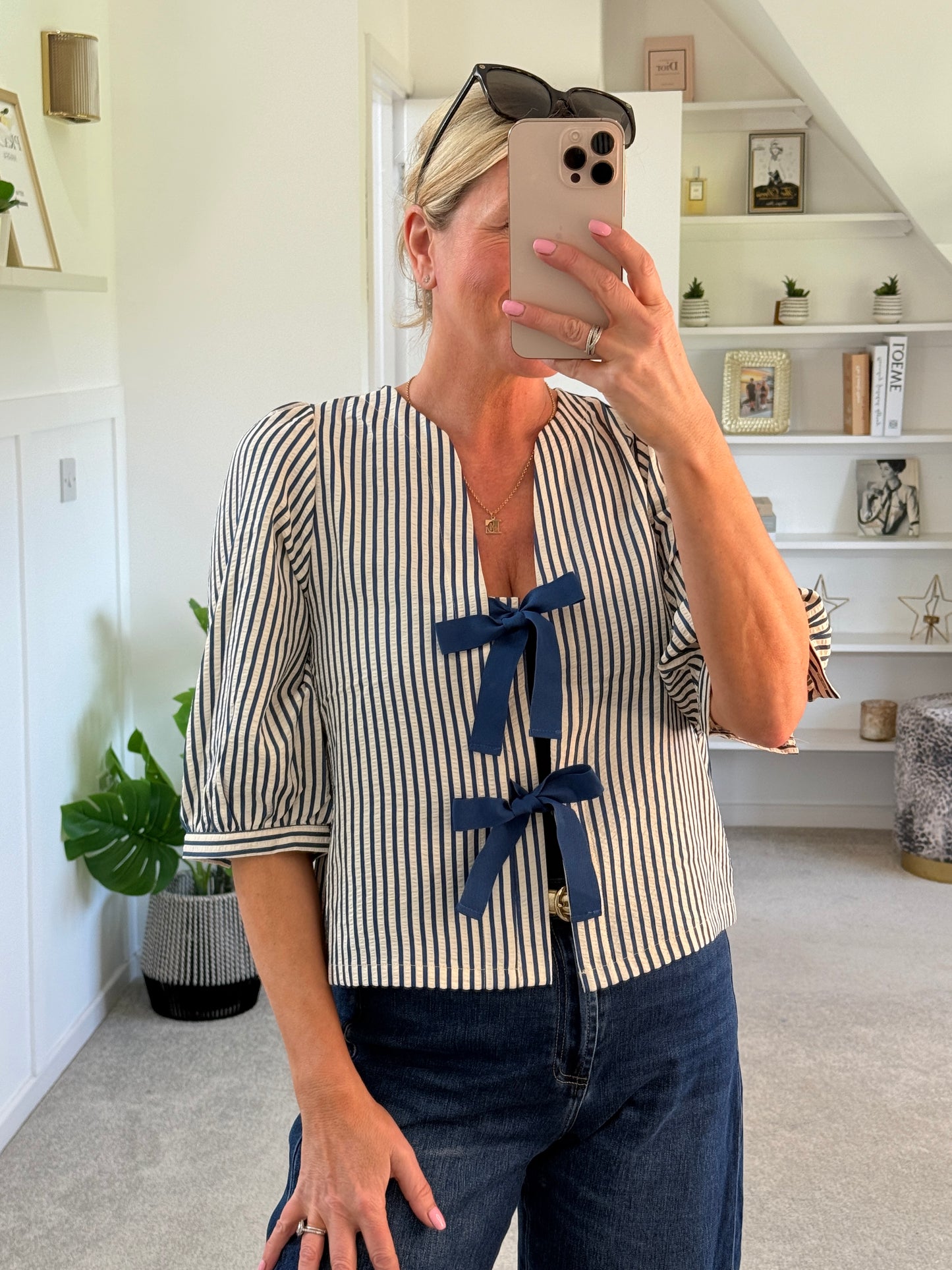 Navy Stripe Tie Front Puff Sleeve Blouse