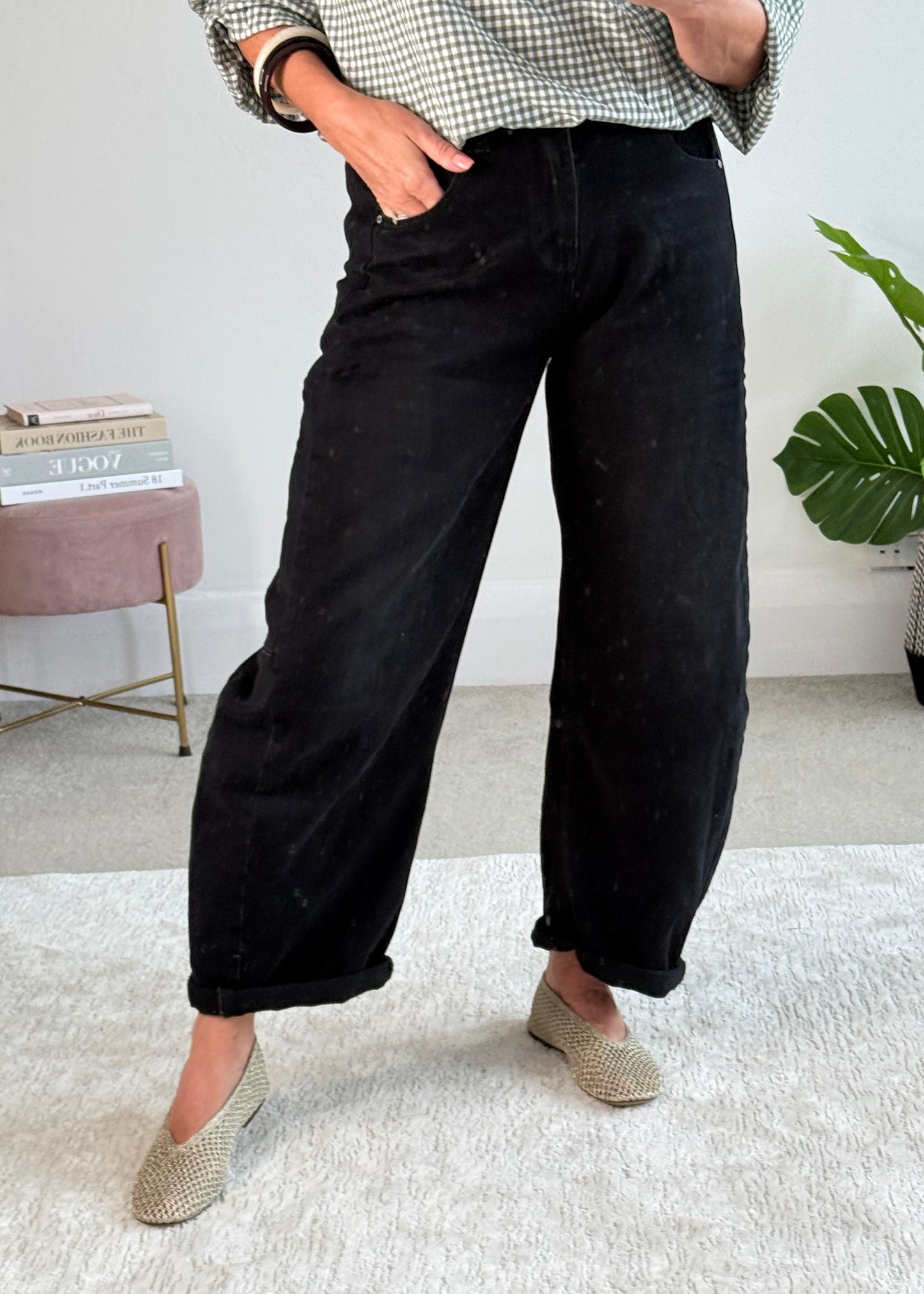 Black Wash Barrel Leg Panel Jeans