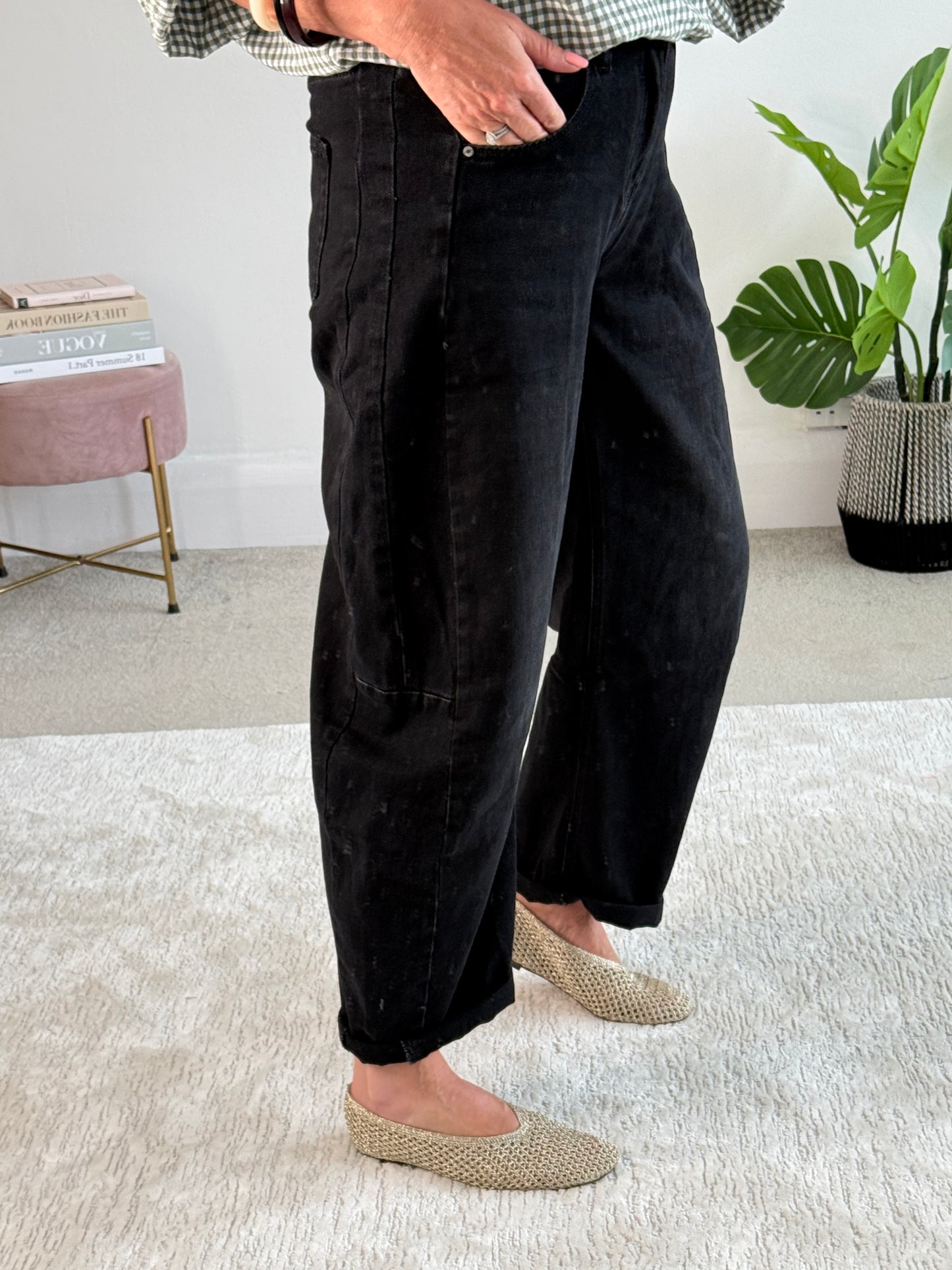 Black Wash Barrel Leg Panel Jeans