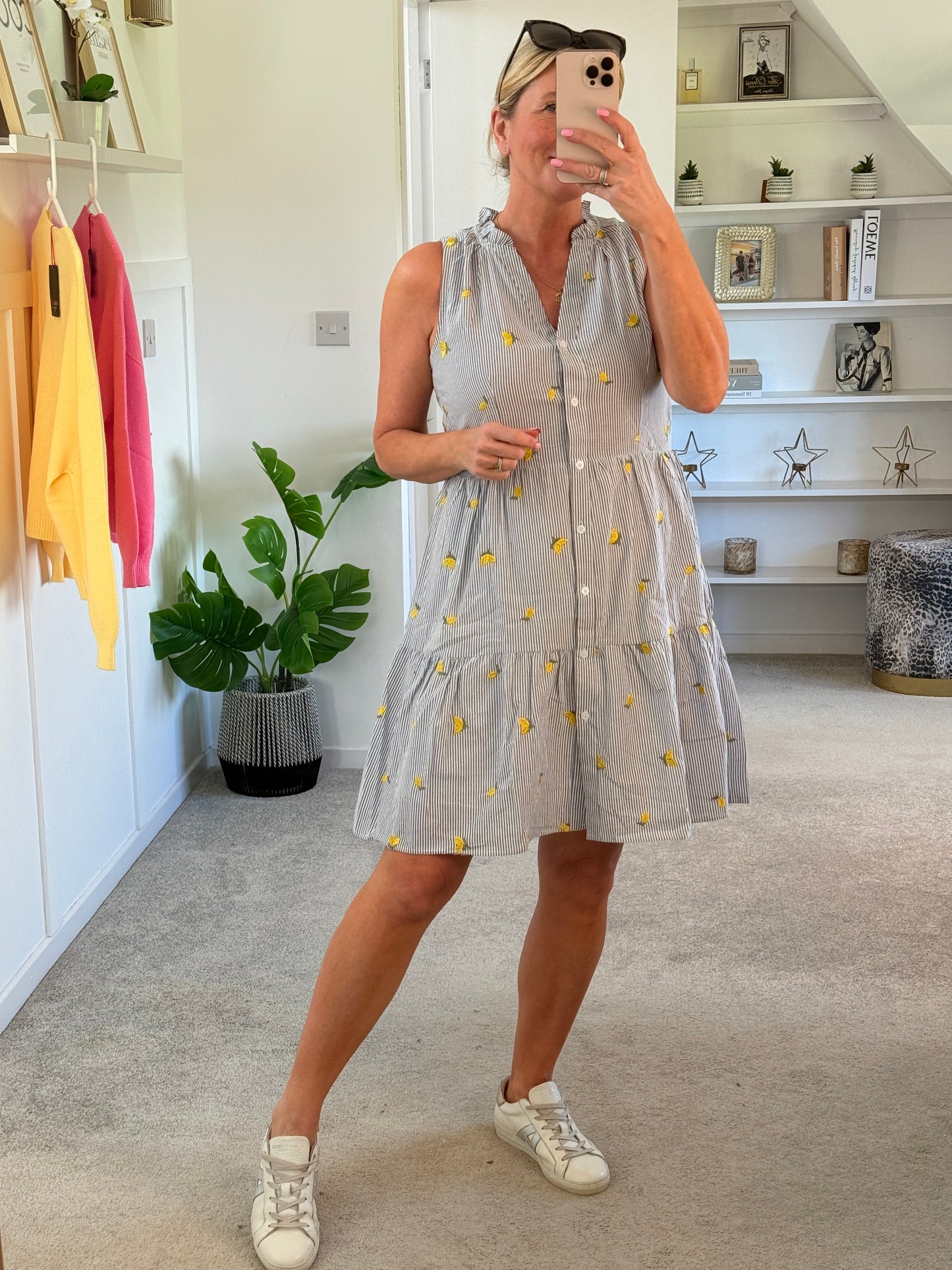 Navy Stripe Lemon Embroidered Tiered Dress